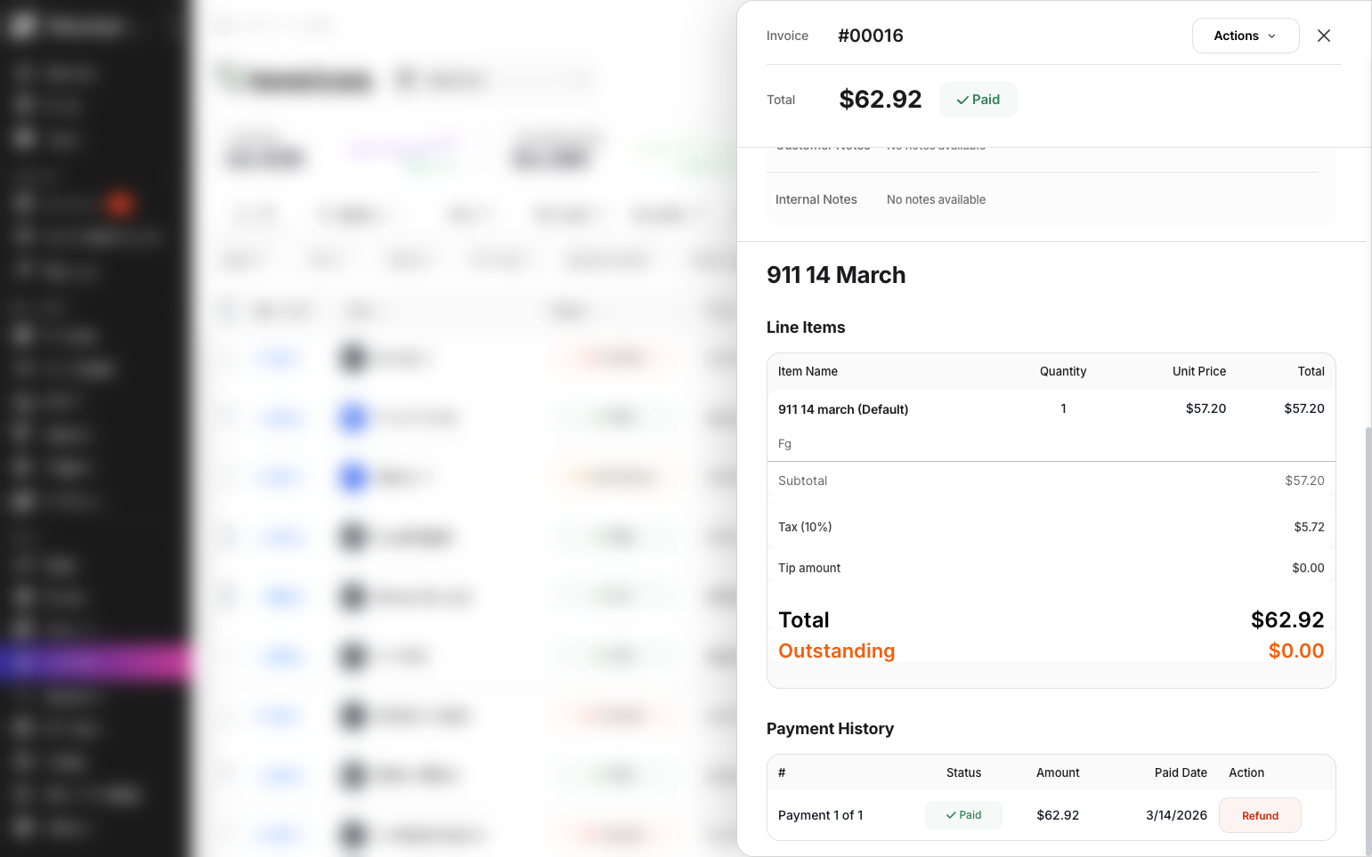 Step 4: A side panel will open. Scroll down to the Payment History section and click the Refund button.