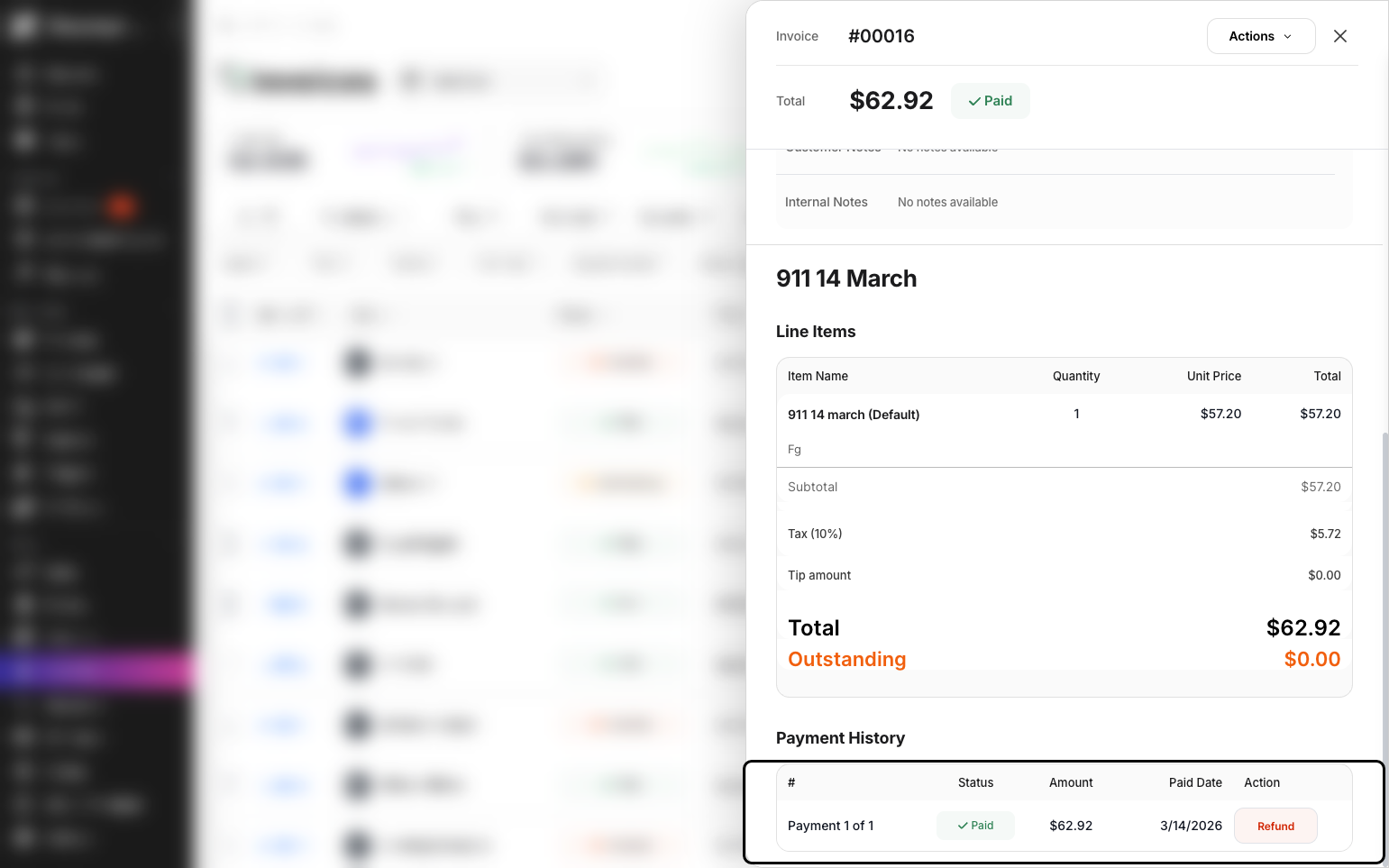 Step 4: A side panel will open. Scroll down to the Payment History section and click the Refund button.