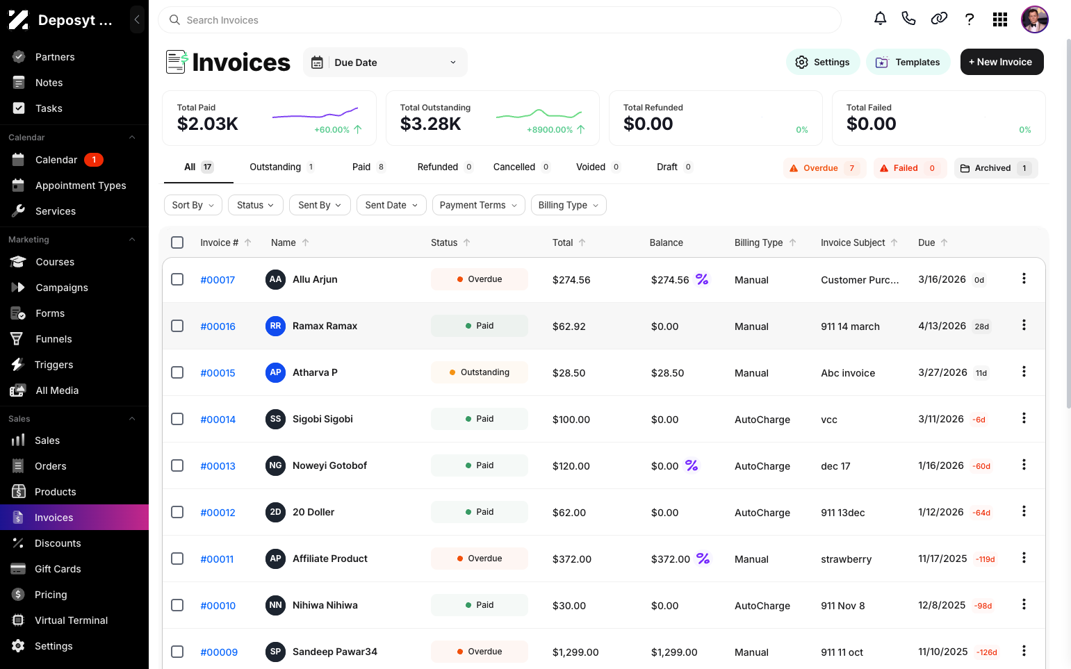 Step 3: Select an invoice with a Paid status. Then click it.