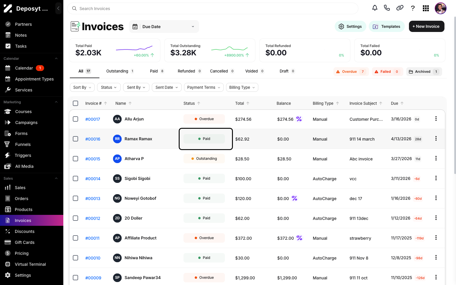 Step 3: Select an invoice with a Paid status. Then click it.
