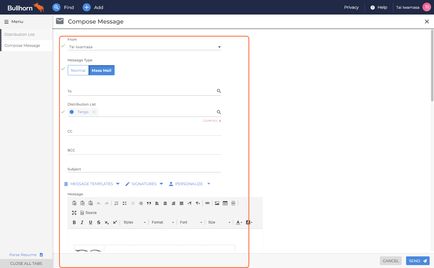 The Compose a Message screen will open up. If any of the recipients do not have a valid email address, a toast at the top of the screen will appear When you have your email ready to send, select Send.