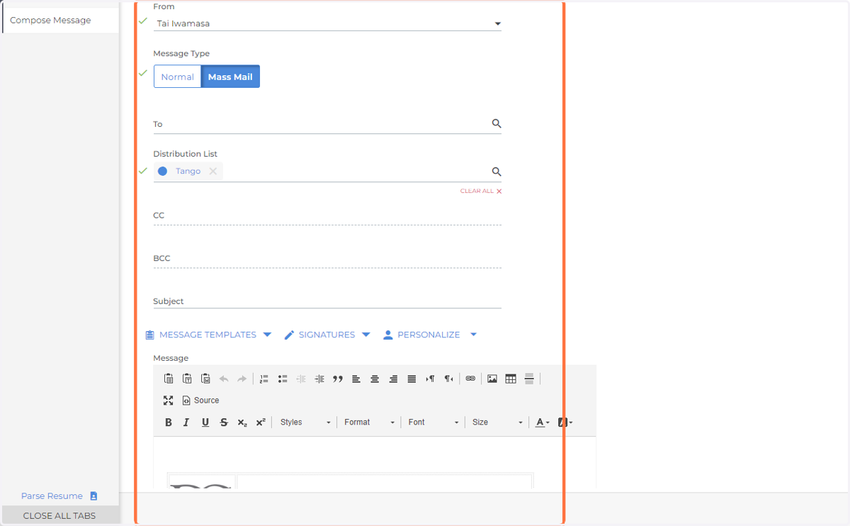 The Compose a Message screen will open up. If any of the recipients do not have a valid email address, a toast at the top of the screen will appear When you have your email ready to send, select Send.