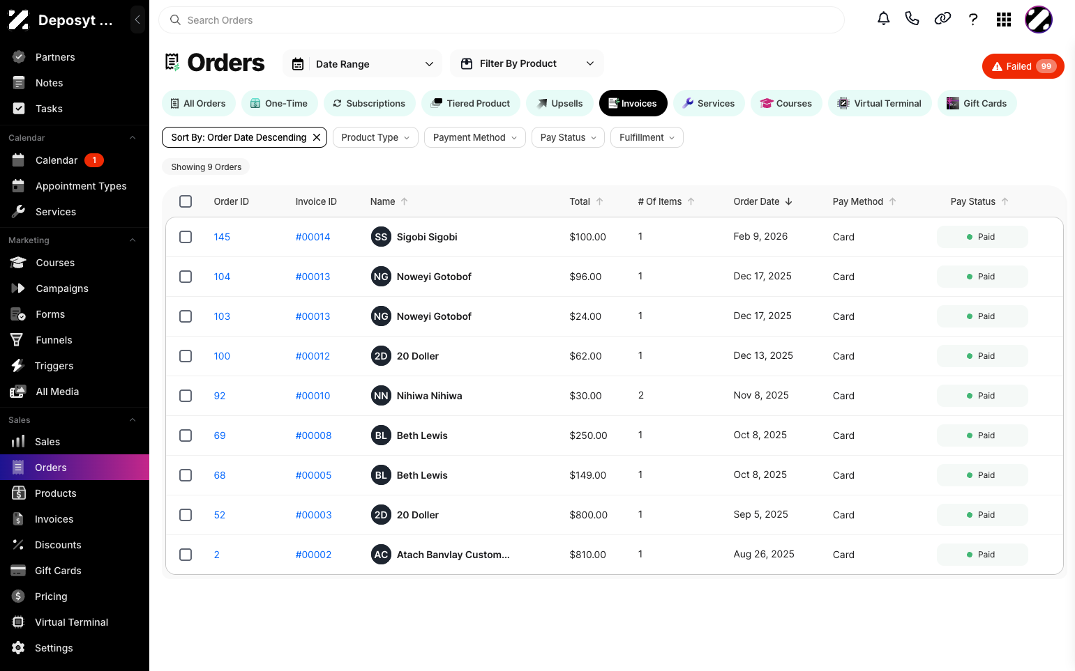 Step 3: By default, the All Orders tab is displayed. Click the Invoices button to view invoices. Here, you can see the Order ID, Invoice ID, Customer Name, Total Amount, Number of Items, Order Date, Payment Method, and Pay Status.