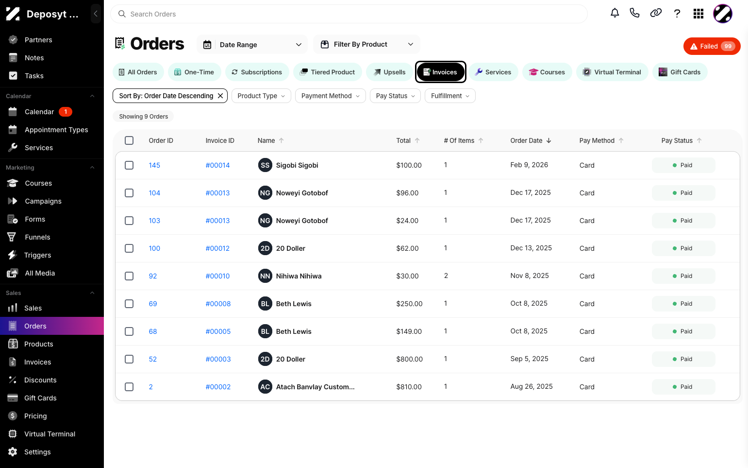 Step 3: By default, the All Orders tab is displayed. Click the Invoices button to view invoices. Here, you can see the Order ID, Invoice ID, Customer Name, Total Amount, Number of Items, Order Date, Payment Method, and Pay Status.