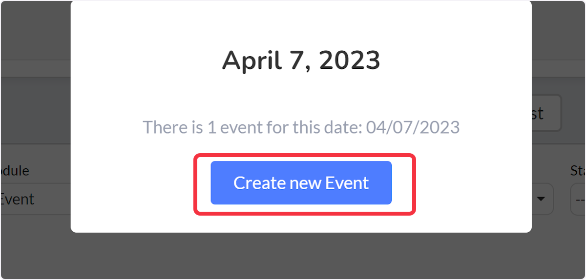 After selecting the date in the Calendar will display a new box with information about that date, select Create new Event.