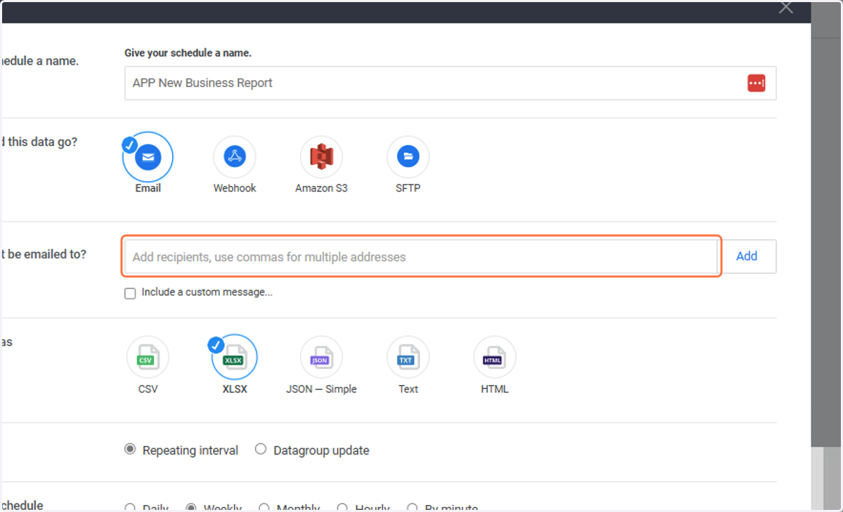 Add the email recipients, use commas for multiple addresses