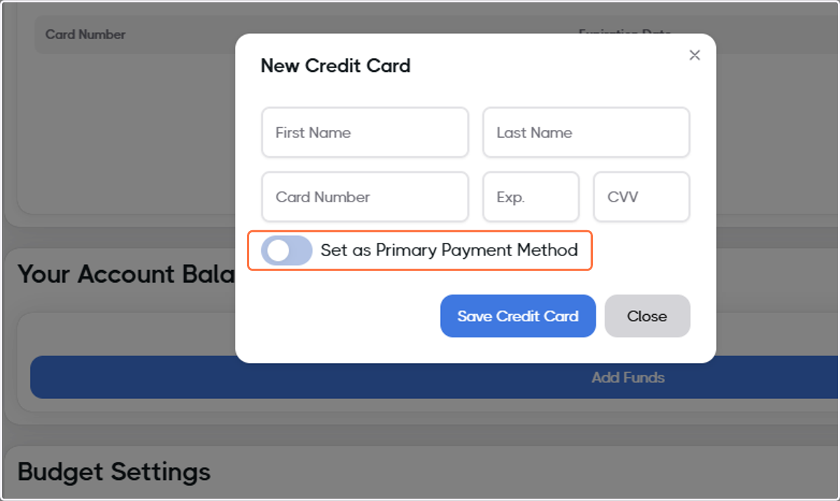 Add the card information and, if desired, check Set as Primary Payment Method