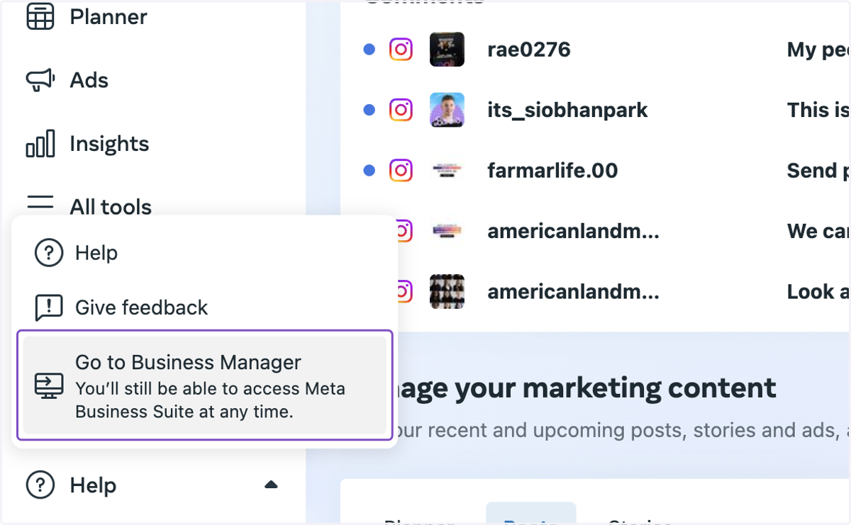Click on Go to Business Manager…
