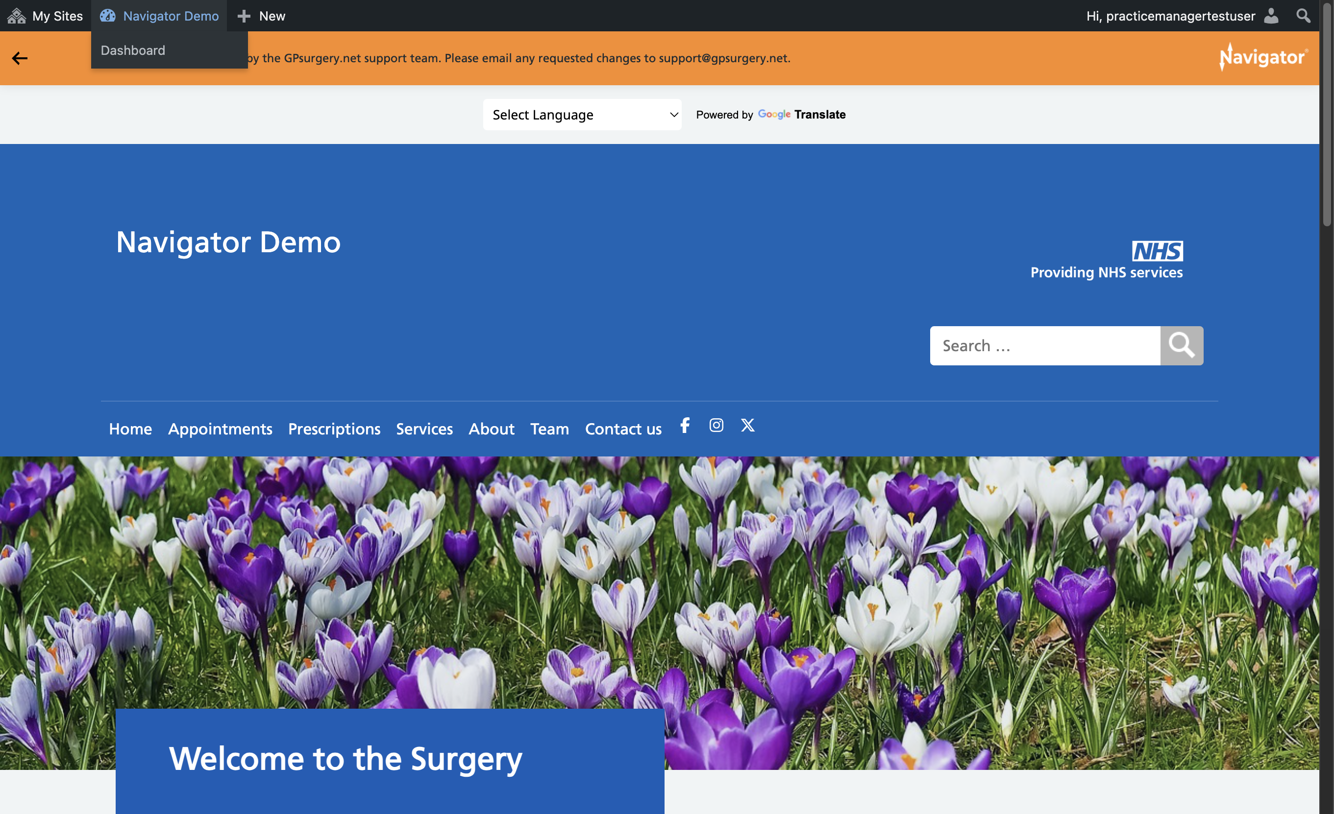 The admin toolbar with the Practice Name selected