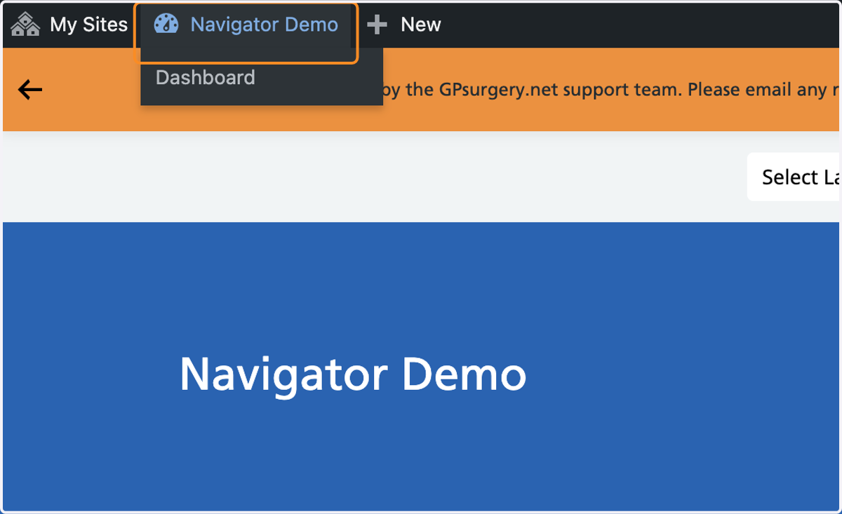 The admin toolbar with the Practice Name selected