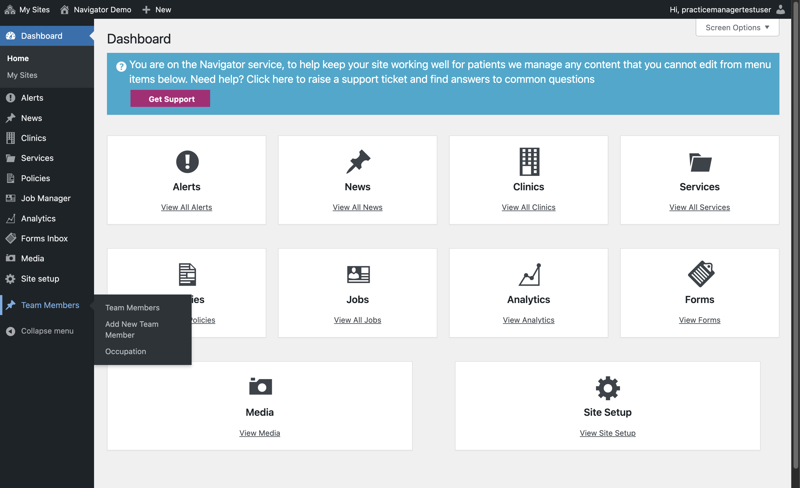 The Dashboard of a GPsurgery.net Navigator website, with Team Members selected from the left-hand toolbar.
