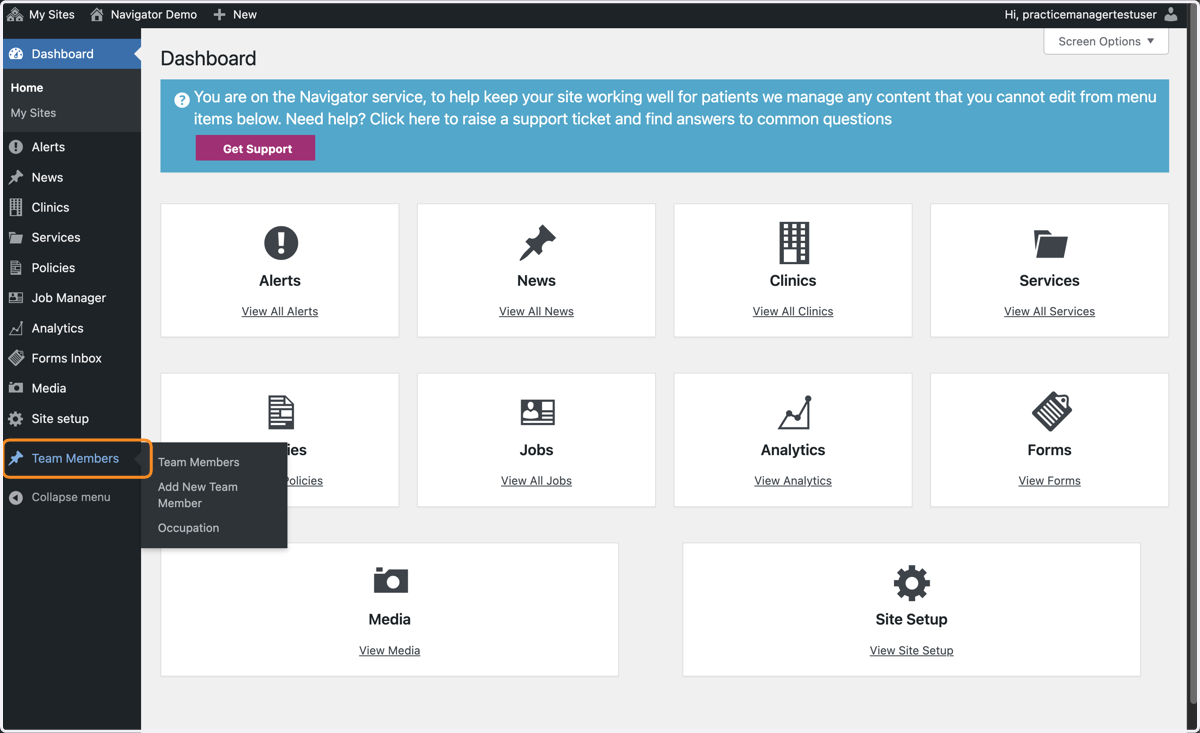 The Dashboard of a GPsurgery.net Navigator website, with Team Members selected from the left-hand toolbar.