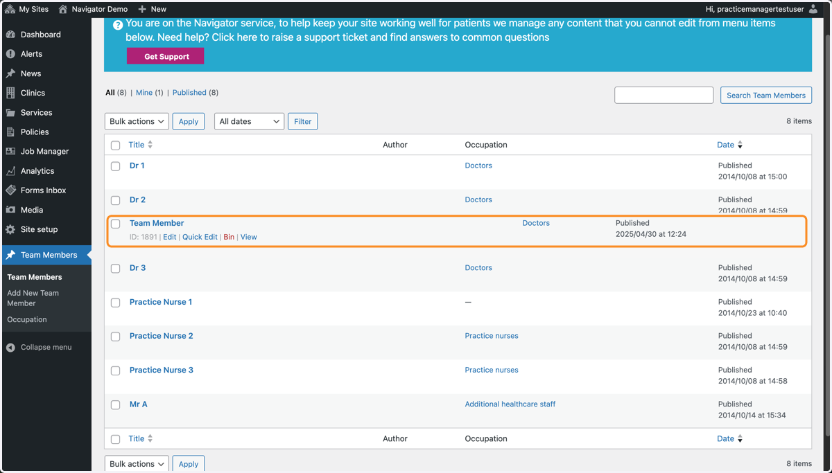 The Team Members section of the Dashboard, with a team member being dragged and dropped into a new position
