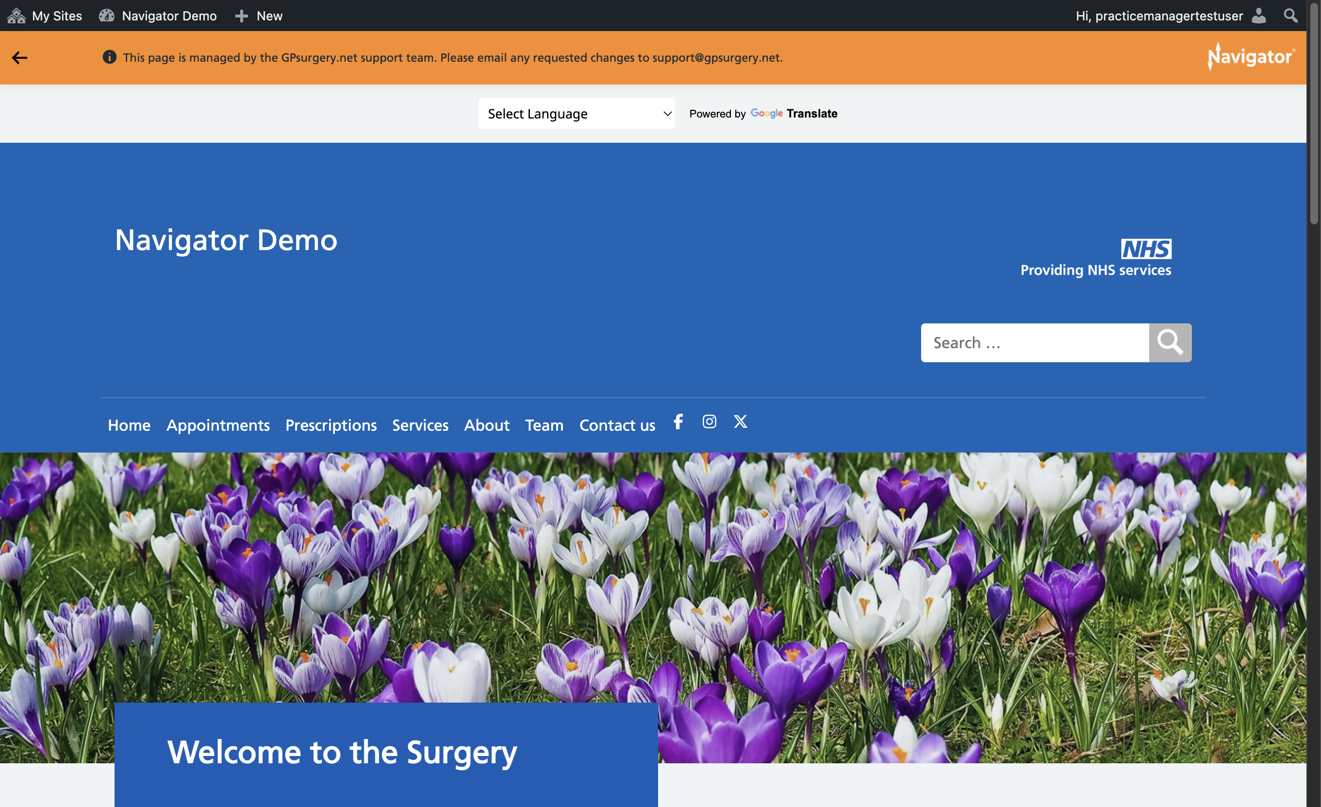 The homepage of a GPsurgery.net Navigator website with the admin toolbar and Navigator toolbar visible at the top of the screen.
