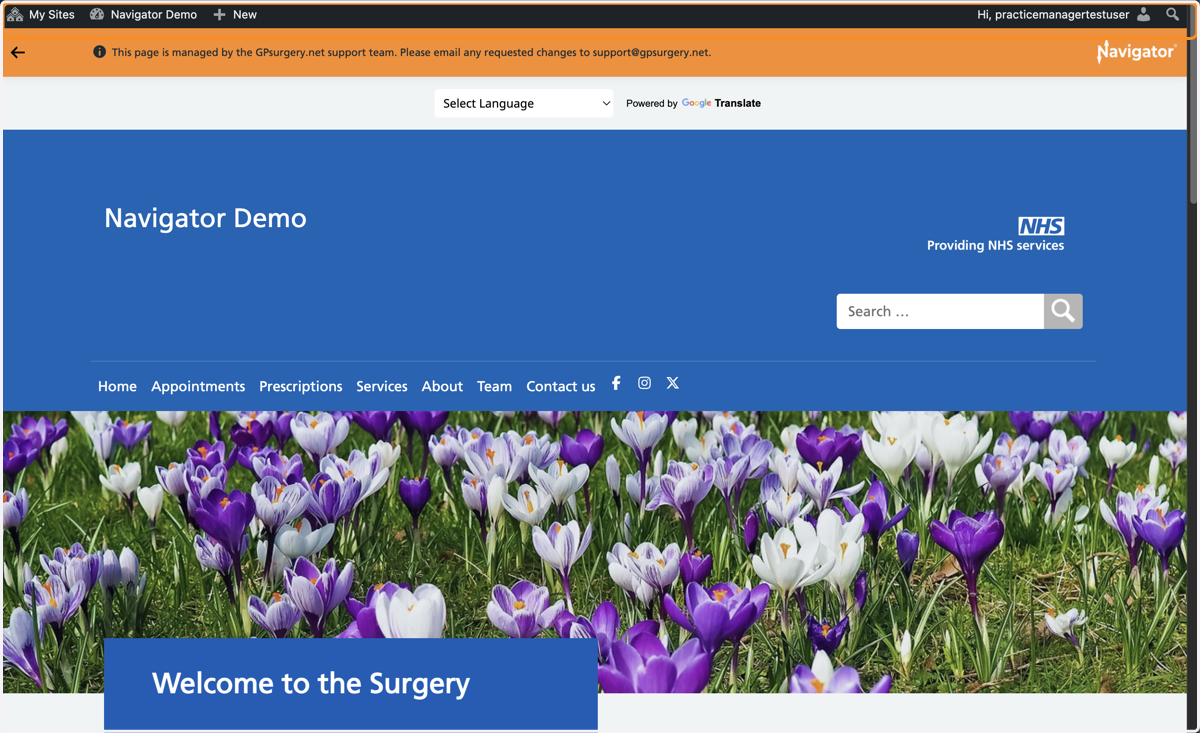 The homepage of a GPsurgery.net Navigator website with the admin toolbar and Navigator toolbar visible at the top of the screen.