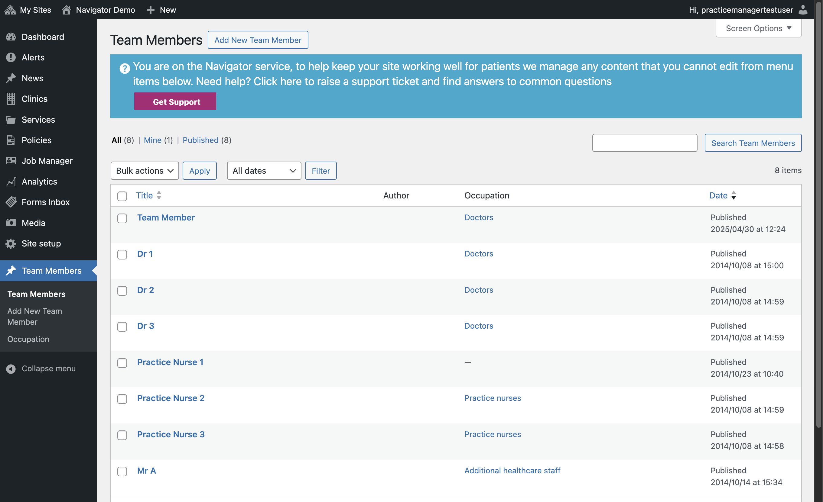 The Team Members section of the Dashboard