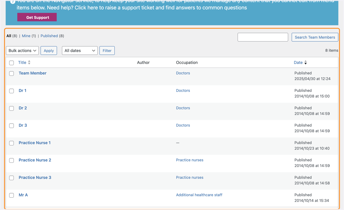 The Team Members section of the Dashboard