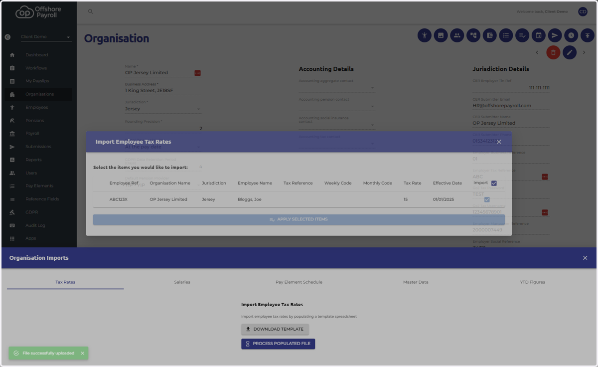 Once your template has been completed, in the organisation imports section click "process populated file". Select the file to import.