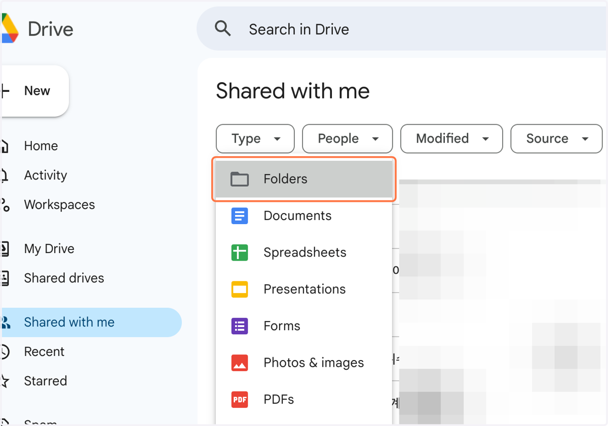 Select 'Folders' from Type