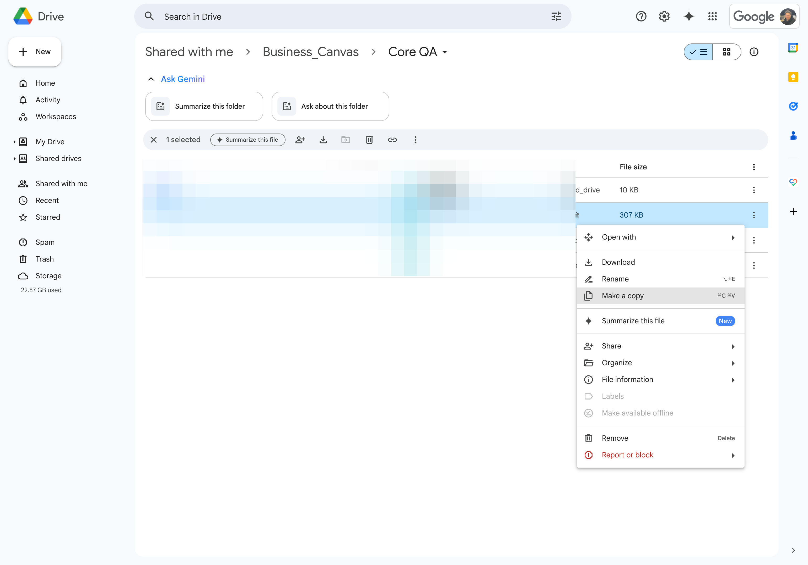Right-click on the selected document or click the right-side menu to Select make a copy