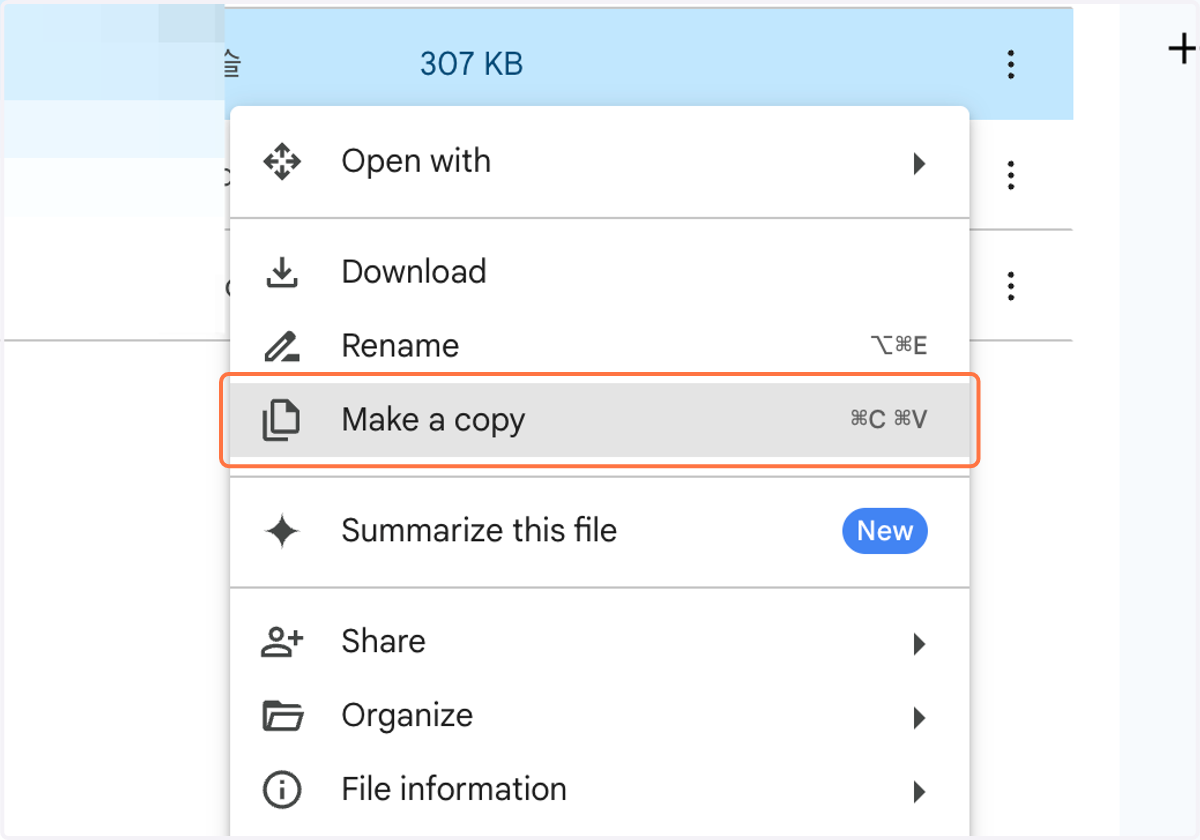Right-click on the selected document or click the right-side menu to Select make a copy