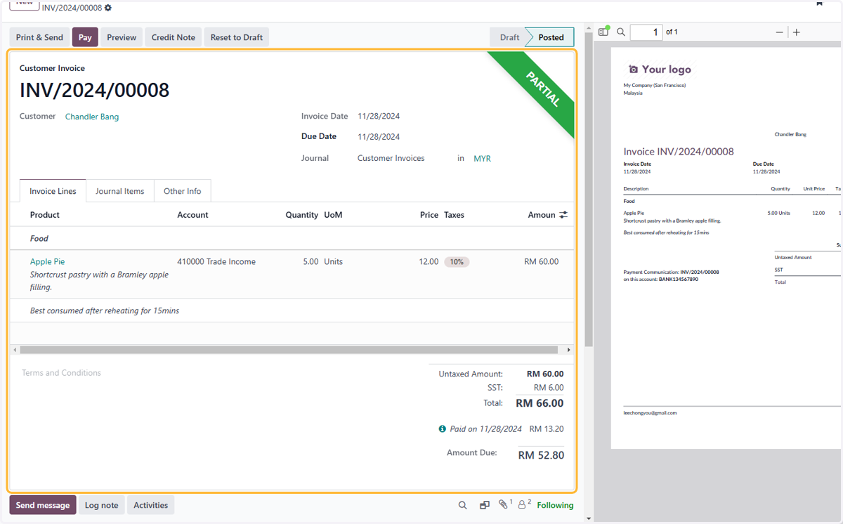 Review invoice with credit note