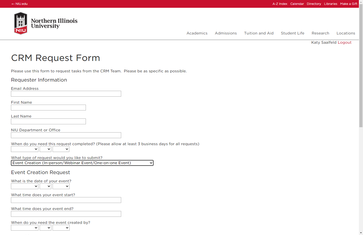 Select Event Creation (In-person/Webinar Event/One-on-one Event) from What type of request would you like to submit?
