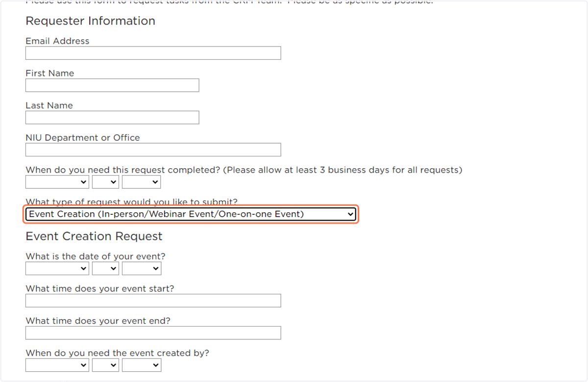 Select Event Creation (In-person/Webinar Event/One-on-one Event) from What type of request would you like to submit?