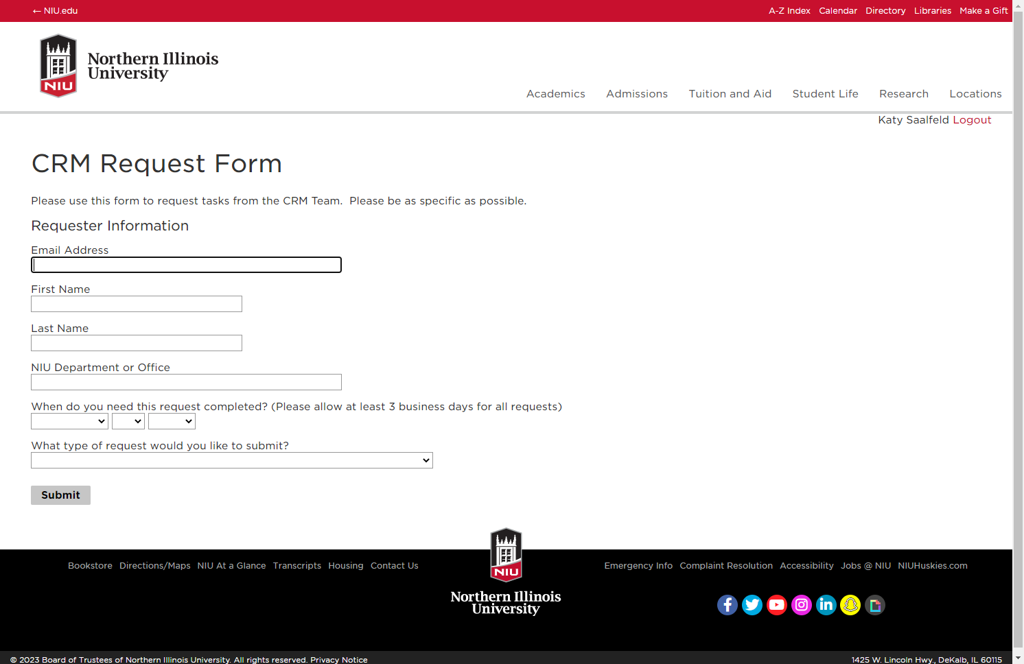 Enter your contact information, department, and date needed.
