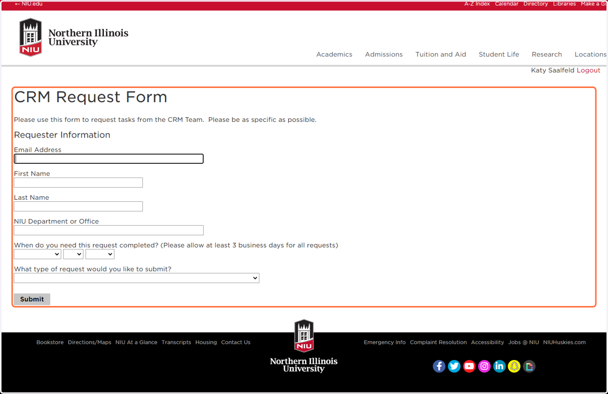 Enter your contact information, department, and date needed.