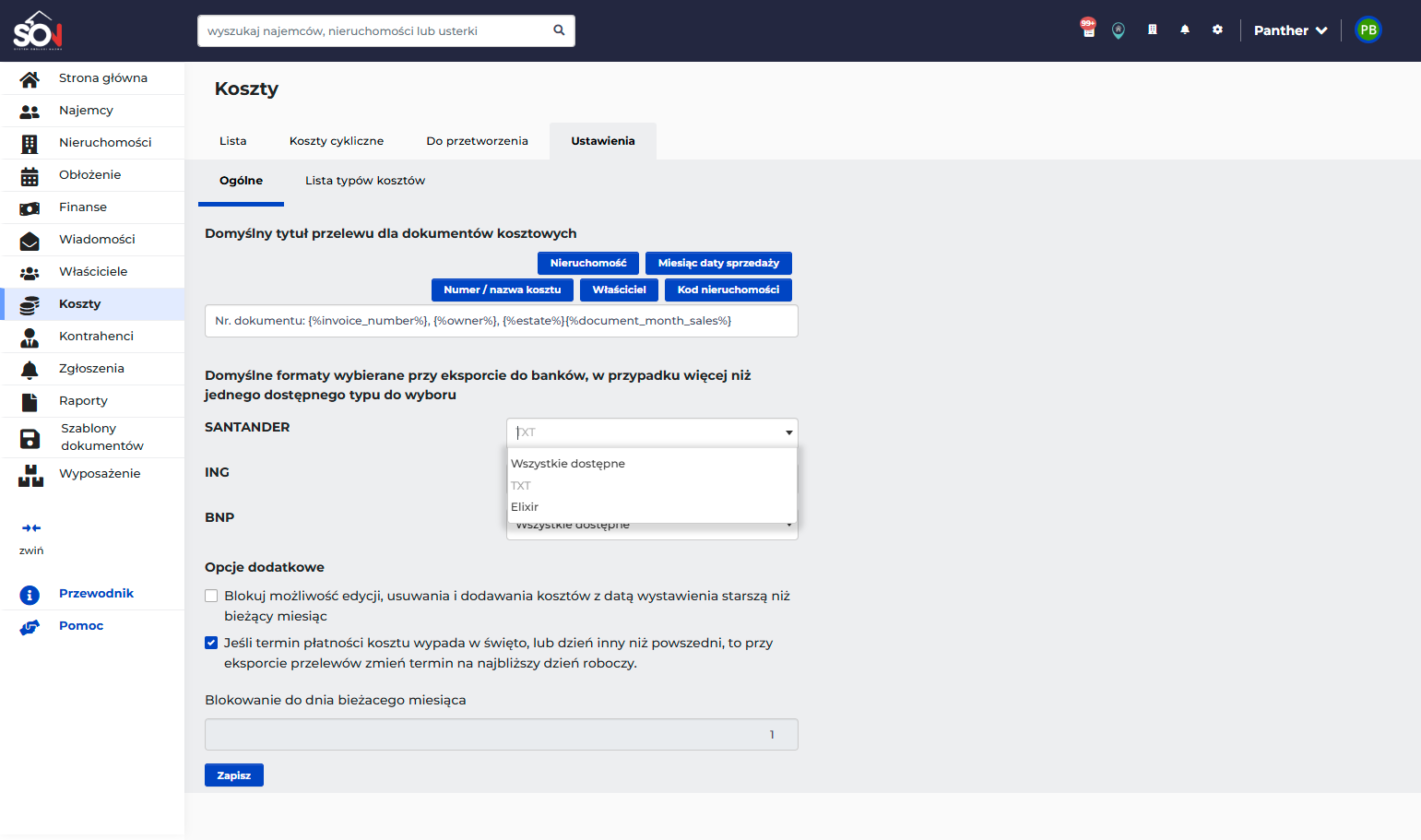 Rozwiń opcje formatów i wybierz format, w jakim będą eksportowane pliki z przelewami (sprawdź w banku, jakie pliki mogą być importowane).