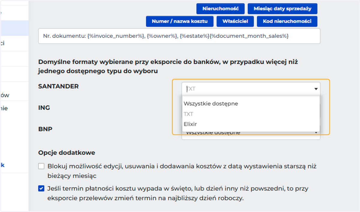 Rozwiń opcje formatów i wybierz format, w jakim będą eksportowane pliki z przelewami (sprawdź w banku, jakie pliki mogą być importowane).