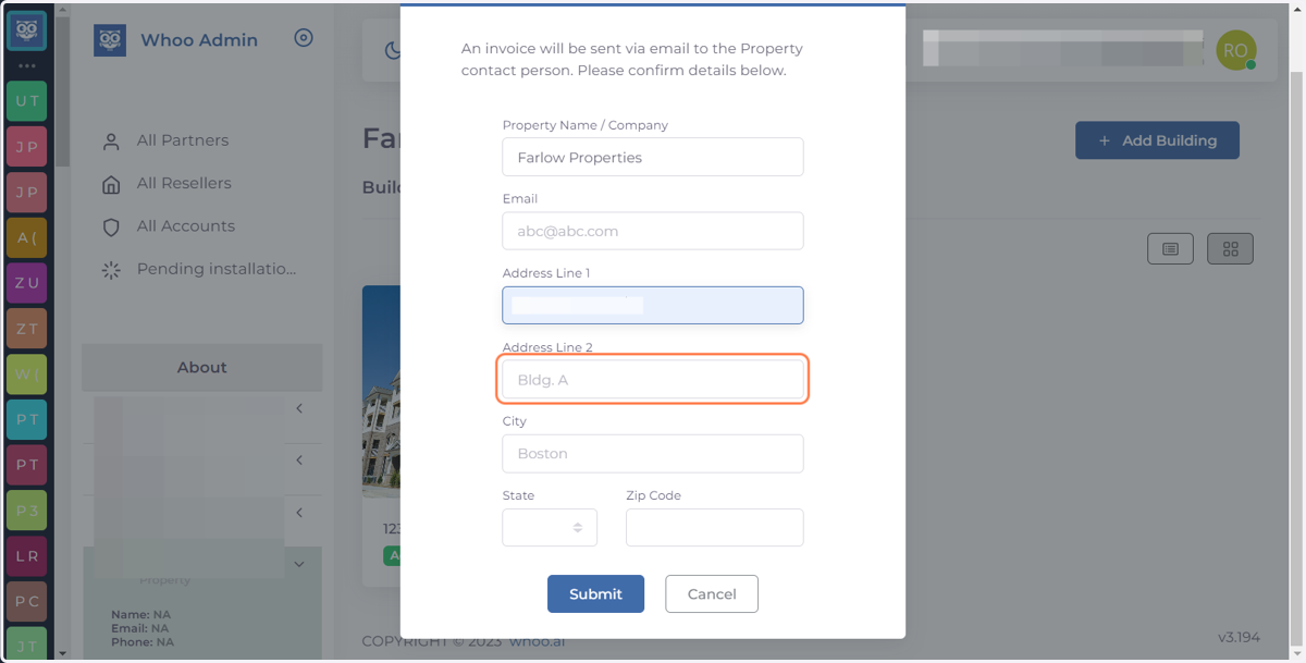 Complete contact information form for the Property