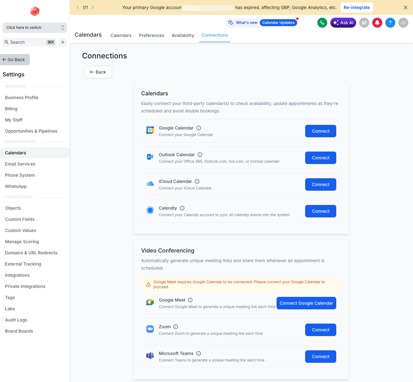 A. Click on Calendars… B. Click on Connect