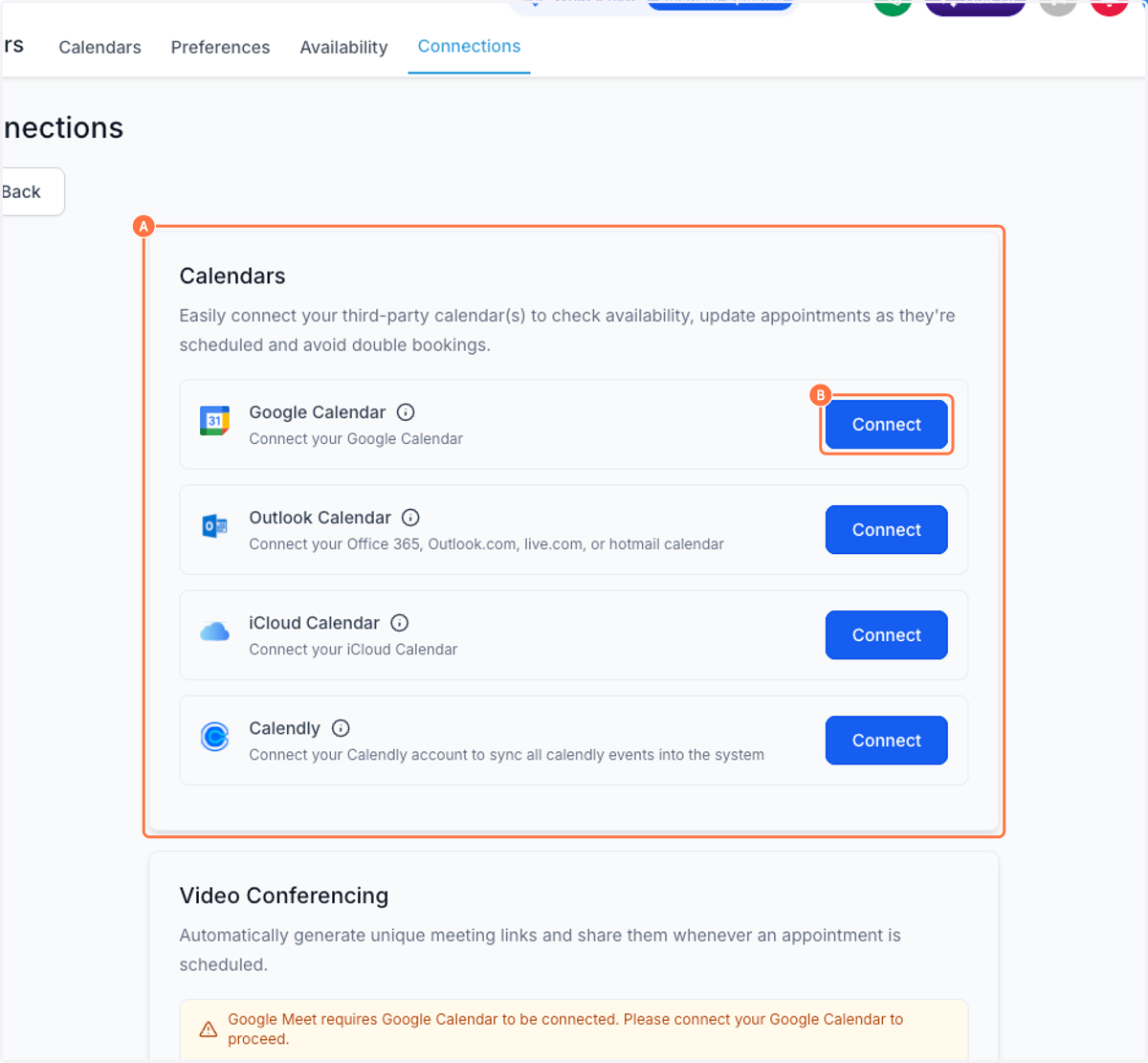 A. Click on Calendars… B. Click on Connect