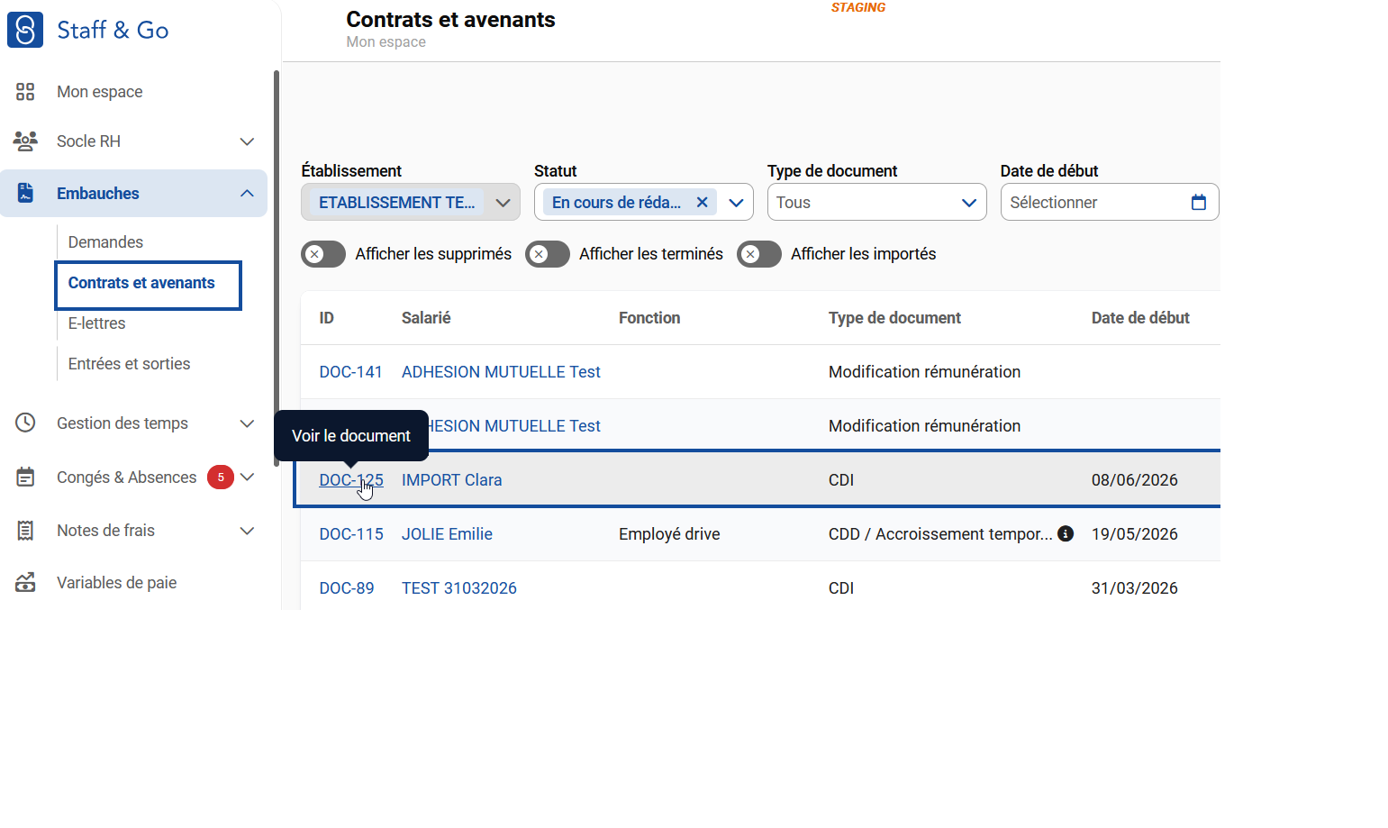 Cliquer sur "Contrats et avenants" du module Embauches.