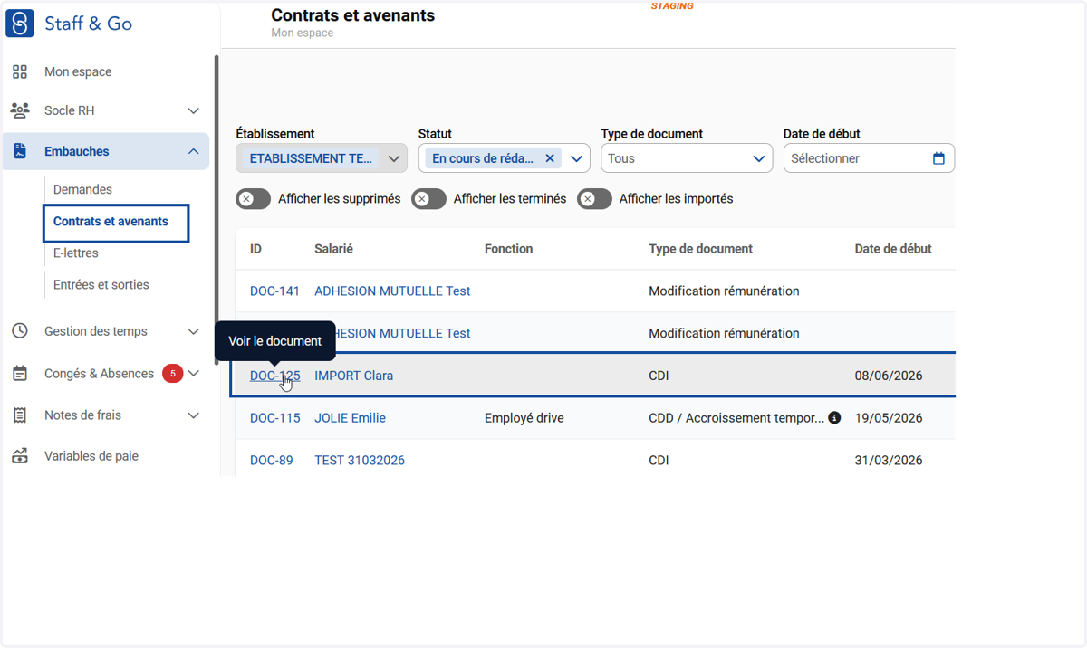 Cliquer sur "Contrats et avenants" du module Embauches.