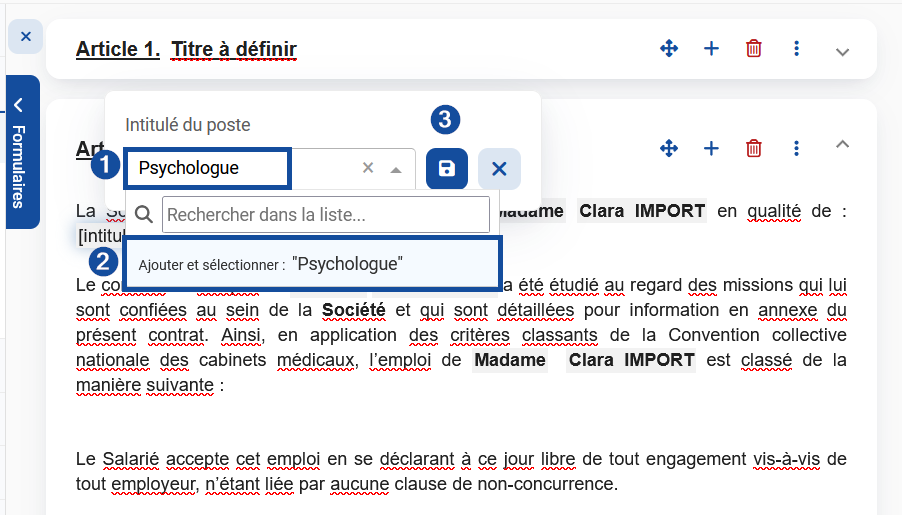 Saisir la fonction avant de cliquer sur "Ajouter et sélectionner". Enregistrer en cliquant sur la disquette bleue.