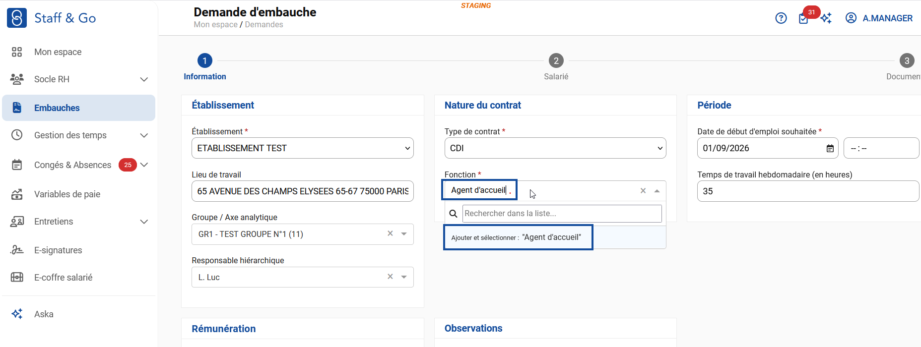 Cliquer dans le champ "Fonction" et saisir l'intitulé de poste à créer sur le dossier.