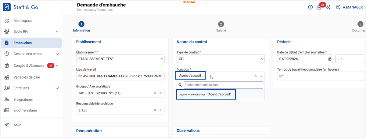 Cliquer dans le champ "Fonction" et saisir l'intitulé de poste à créer sur le dossier.