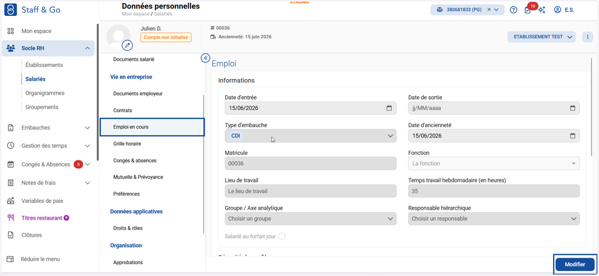 Depuis l'onglet "Emploi en cours" de la fiche salarié, cliquer sur le bouton "Modifier".