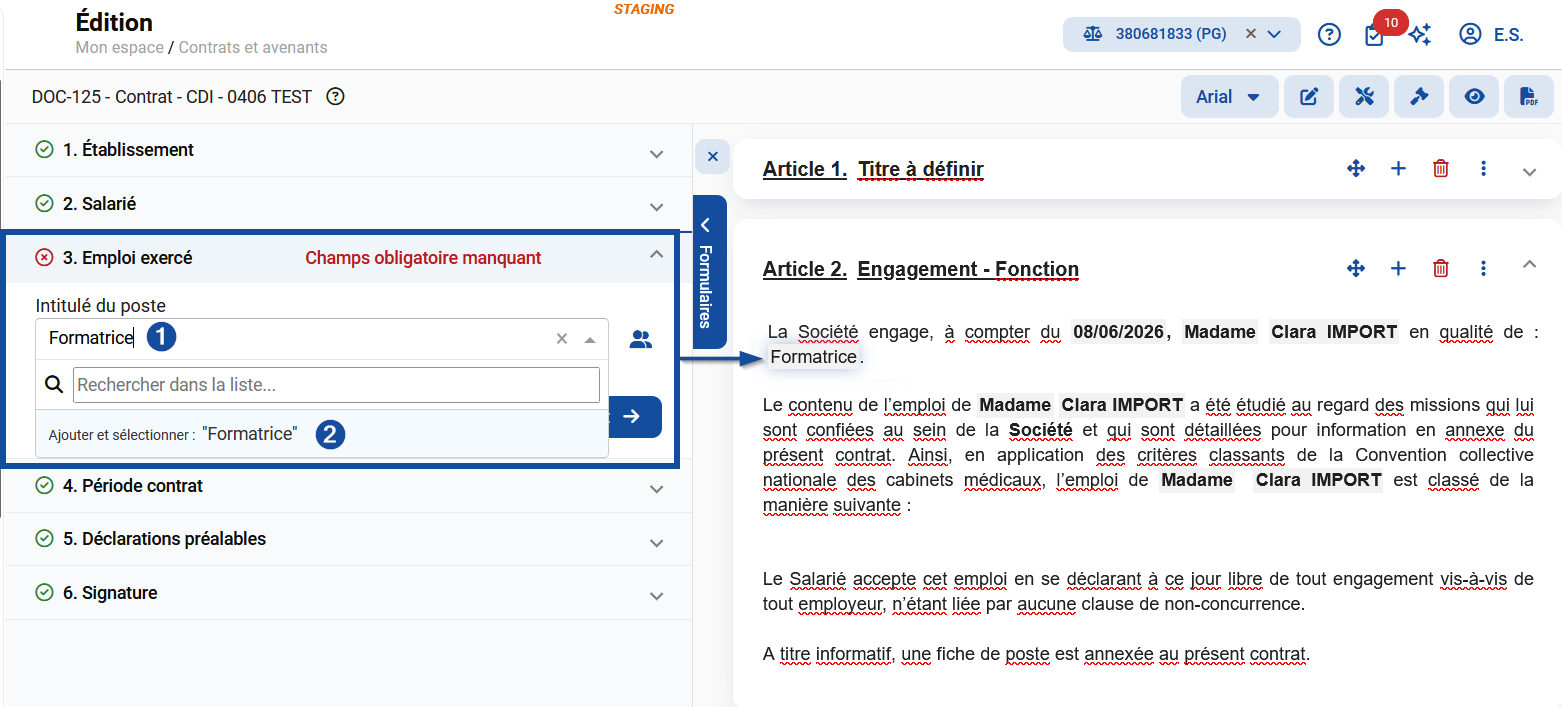 Dans la partie "Emploi exercé", cliquer sur Intitulé de poste pour saisir la fonction.