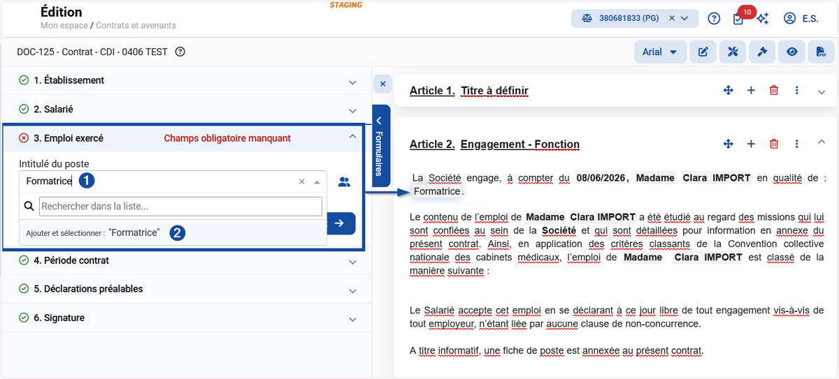 Dans la partie "Emploi exercé", cliquer sur Intitulé de poste pour saisir la fonction.