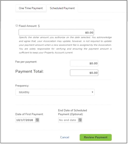 Complete all fields on the Schedule Payment page including Amount, Frequency, Start Date and End Date (optional). After all information has been filled out, select Review Payment.