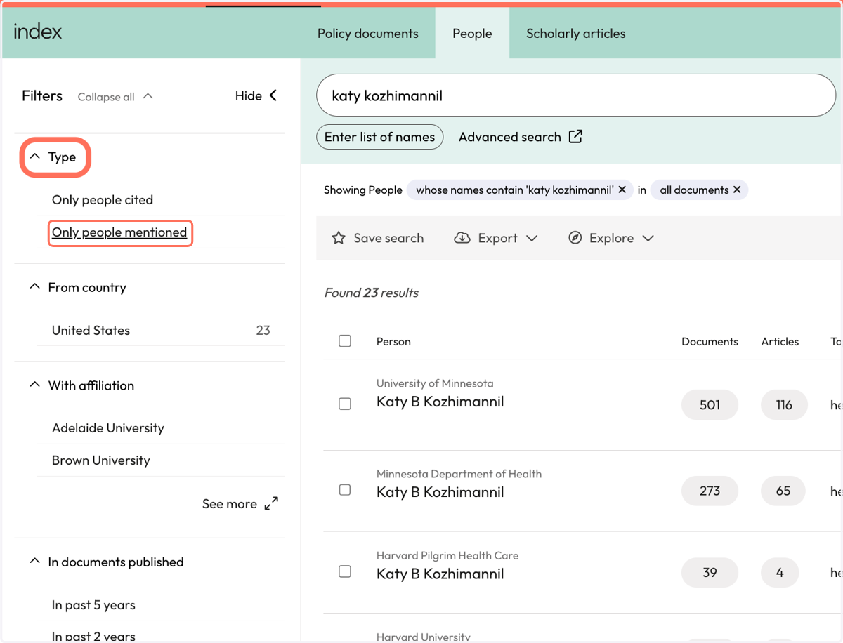 Select 'Type' to filter for 'Only people mentioned' to only see results for people mentions.