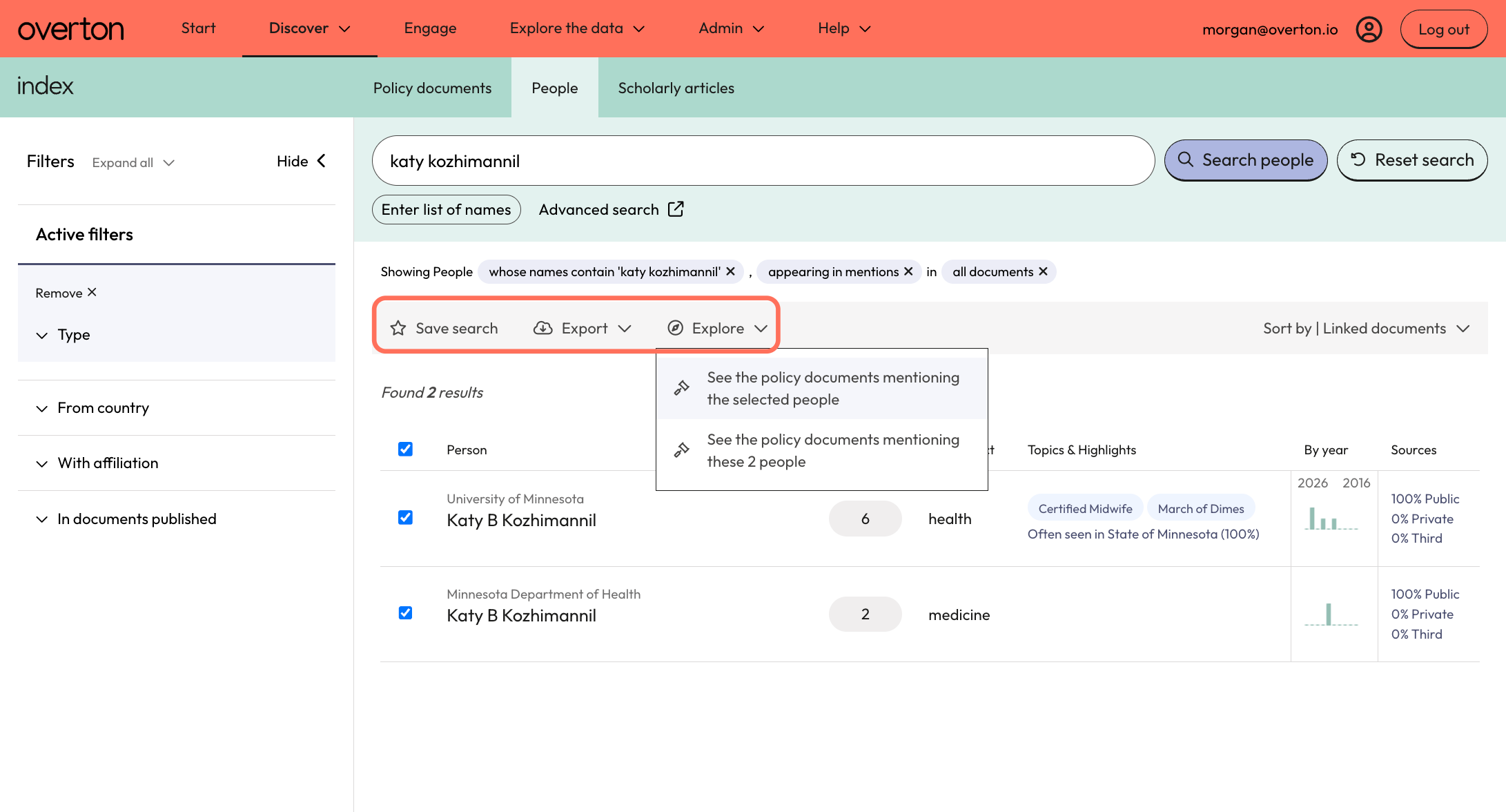 Click on 'Explore' then 'See the policy documents mentioning the selected people' to see the policy documents where the person was cited.