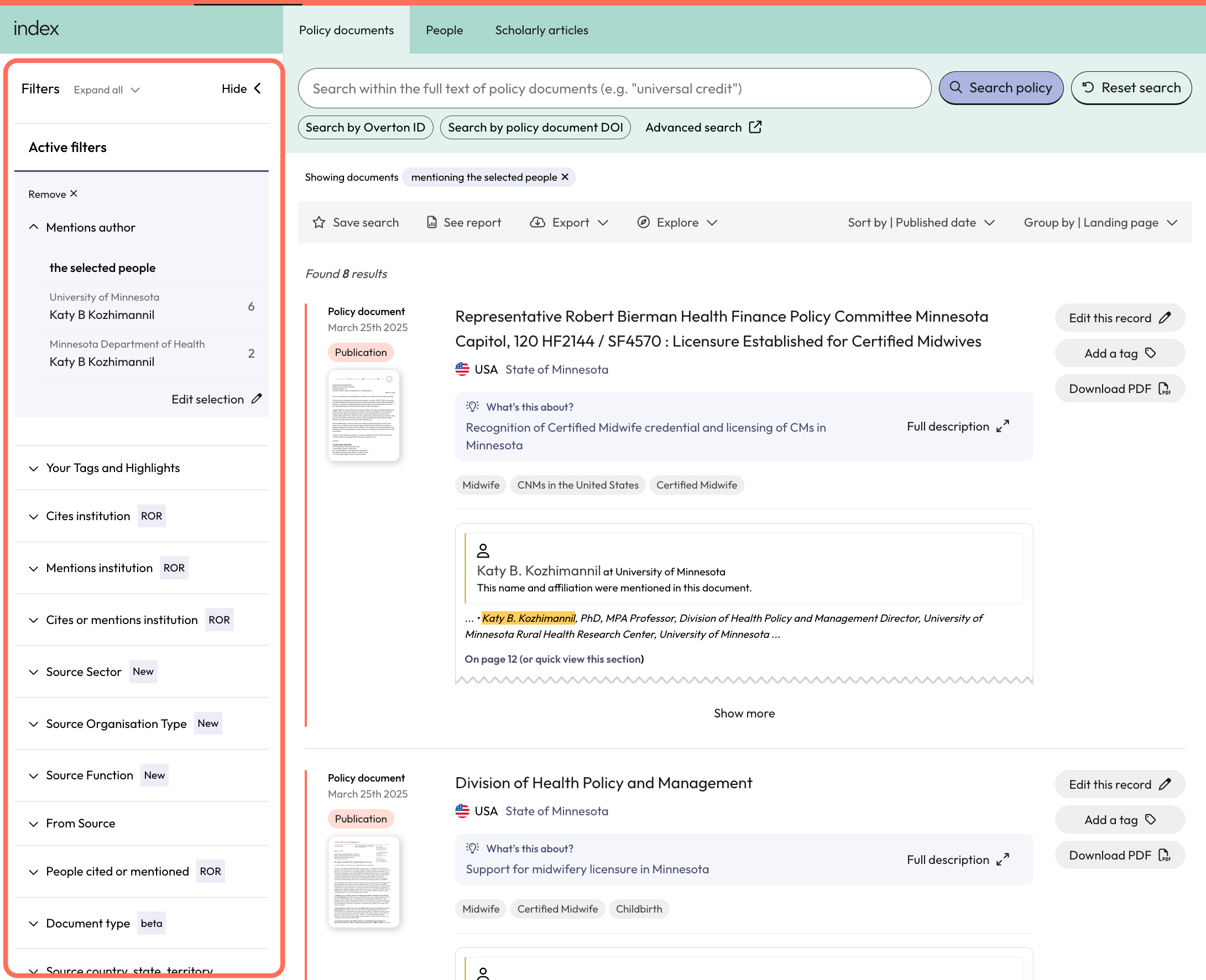 From here, you can apply filters to narrow results or go directly to the grey action bar above the search results to take an action like saving a search, generating a summary report, exporting results or exploring results further.