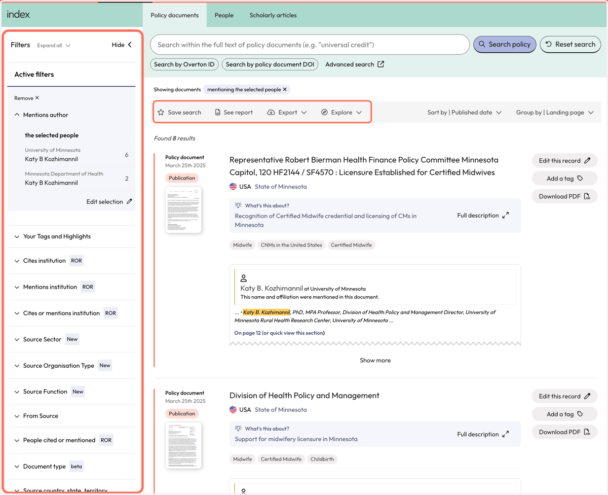 From here, you can apply filters to narrow results or go directly to the grey action bar above the search results to take an action like saving a search, generating a summary report, exporting results or exploring results further.