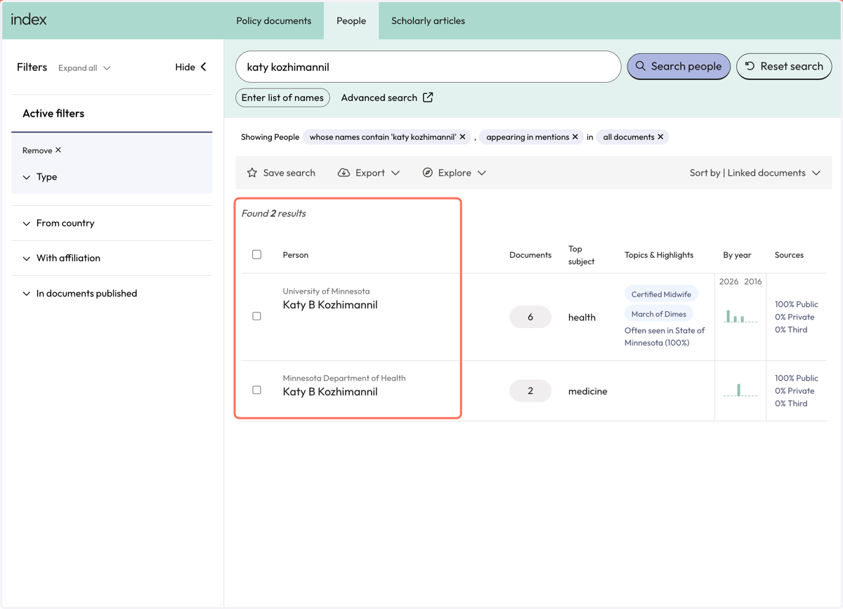 Each result entry includes a name and institutional affiliation. A person may have multiple results if they have been affiliated with multiple institutions.