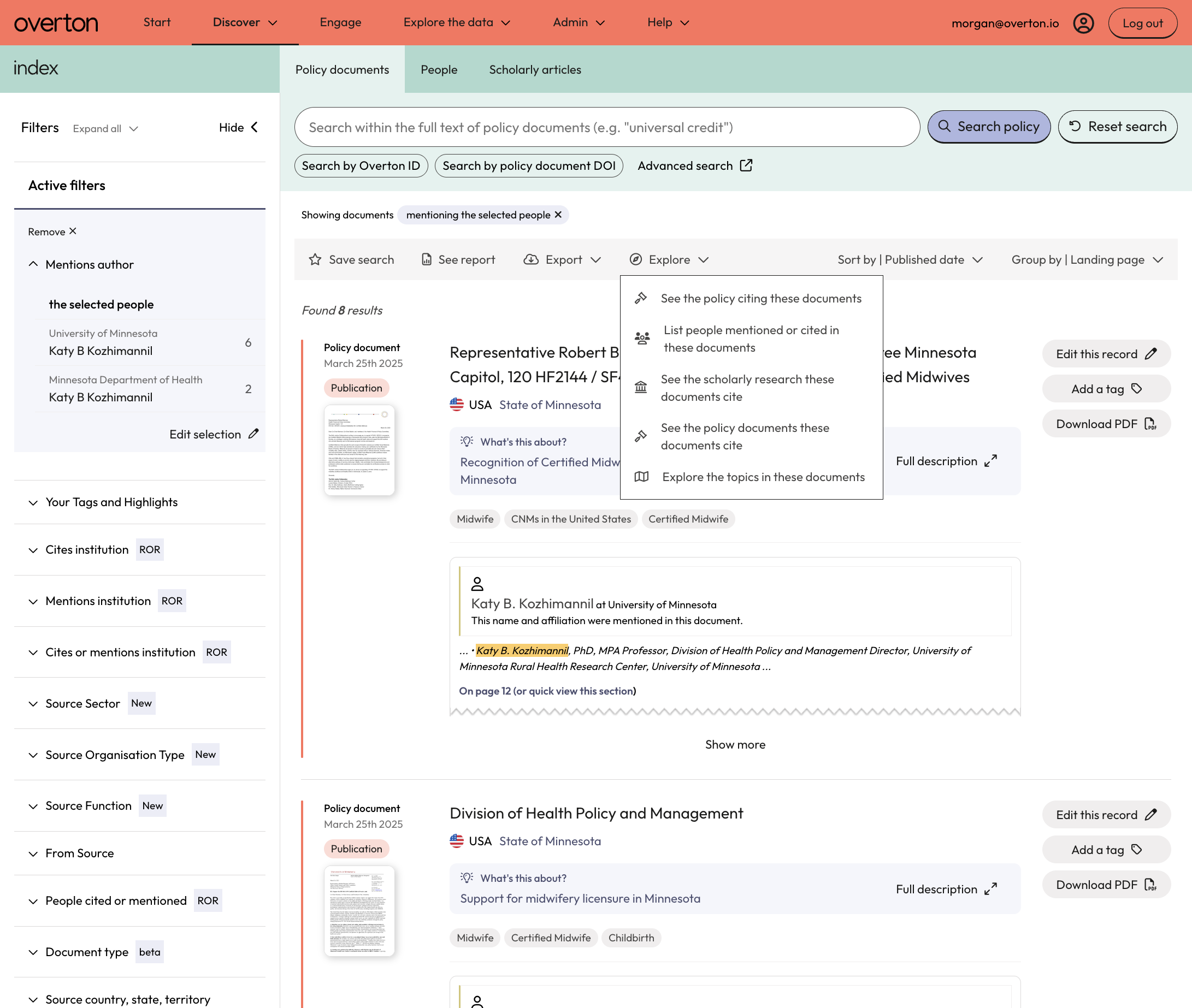 You can also use Explore to see policy citing the current results, or view people, articles, and topics.